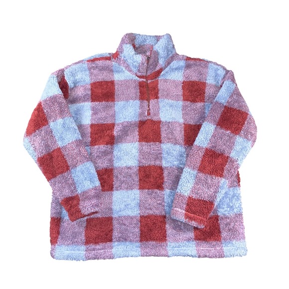 Eddie Bauer Sweaters - Eddie Bauer Pullover Womens XL Sherpa Fuzzy Plaid Checkered Half Zip Cozy Sweate